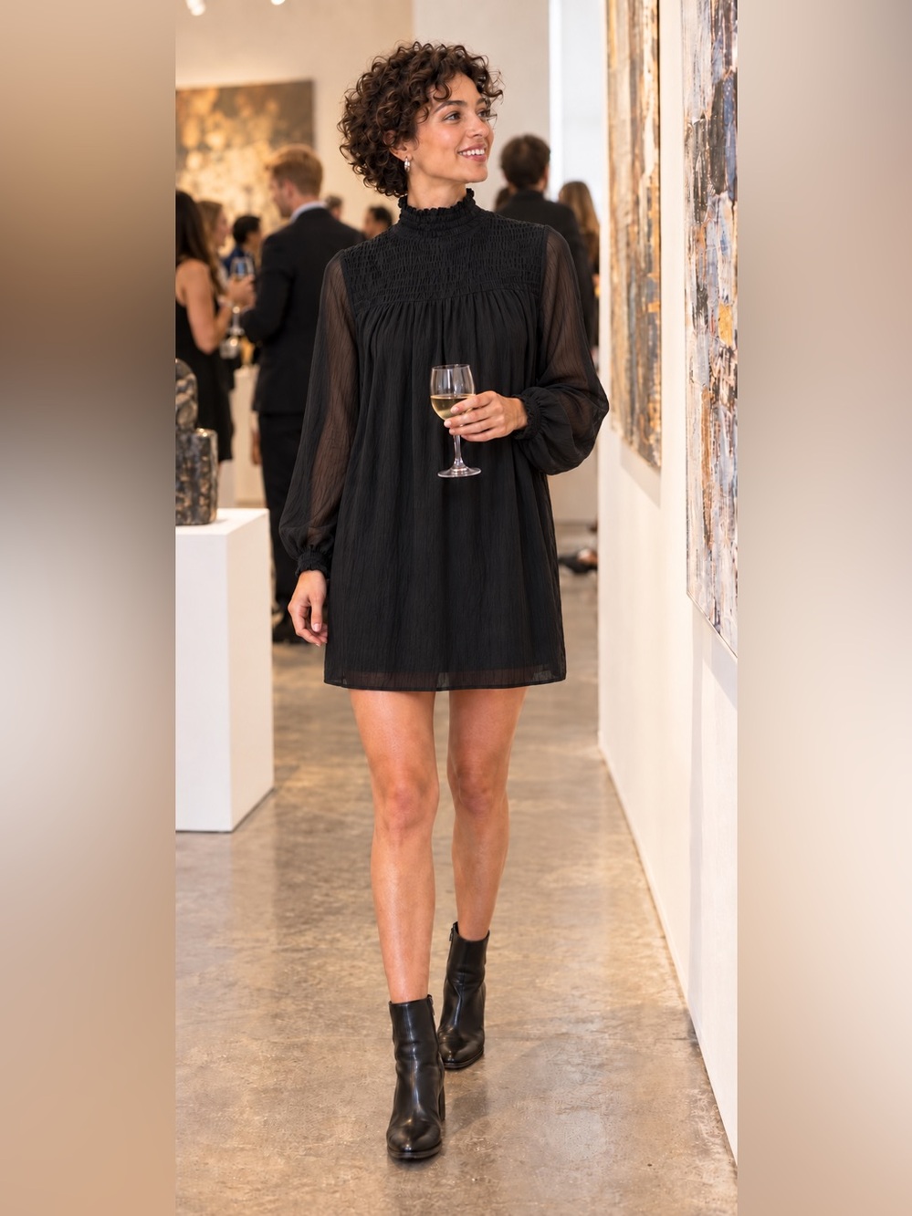 H&M Black Smocked High-Neck Long Sleeve Mini Dress Size 2